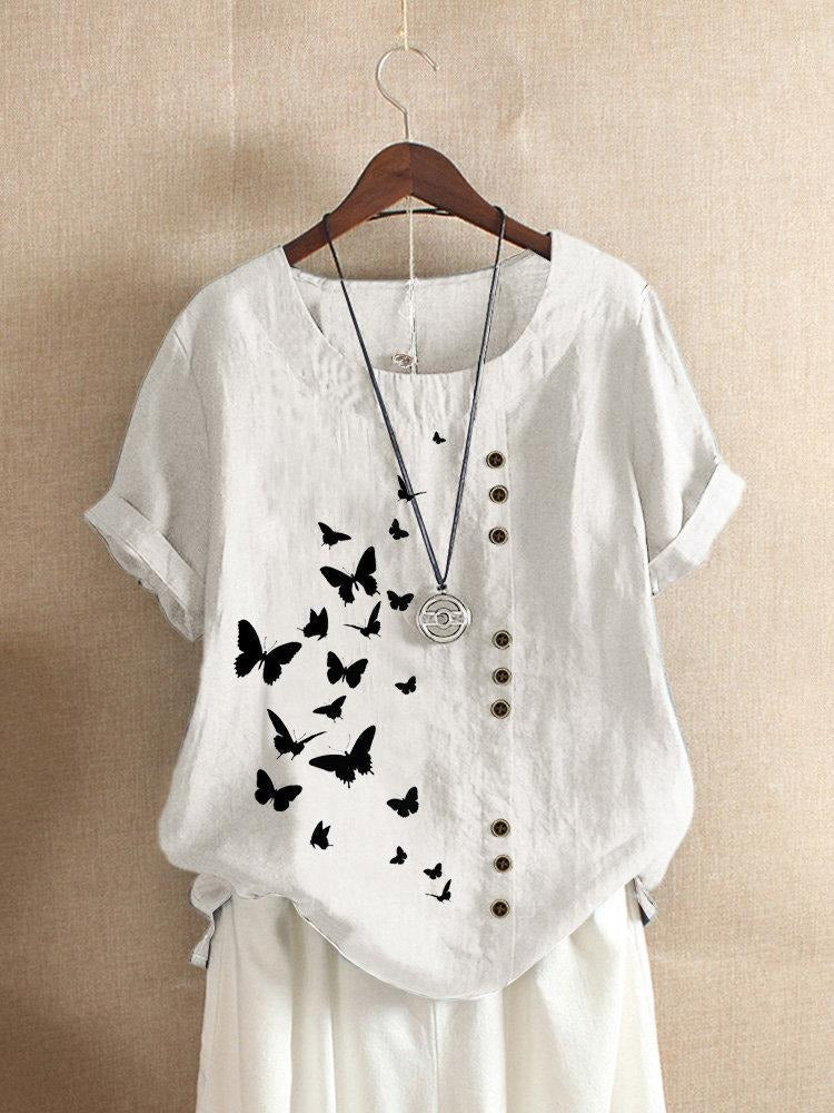 Butterfly Print Round Neck Short Sleeve Button Trim Linen Look Top