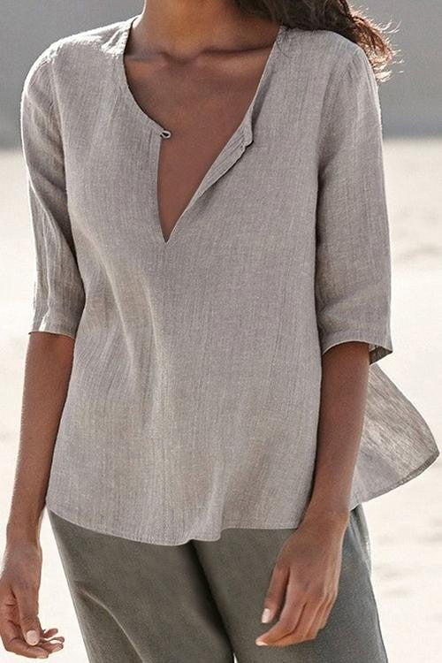 Notch V-Neck Half Sleeve Linen Look Blouse
