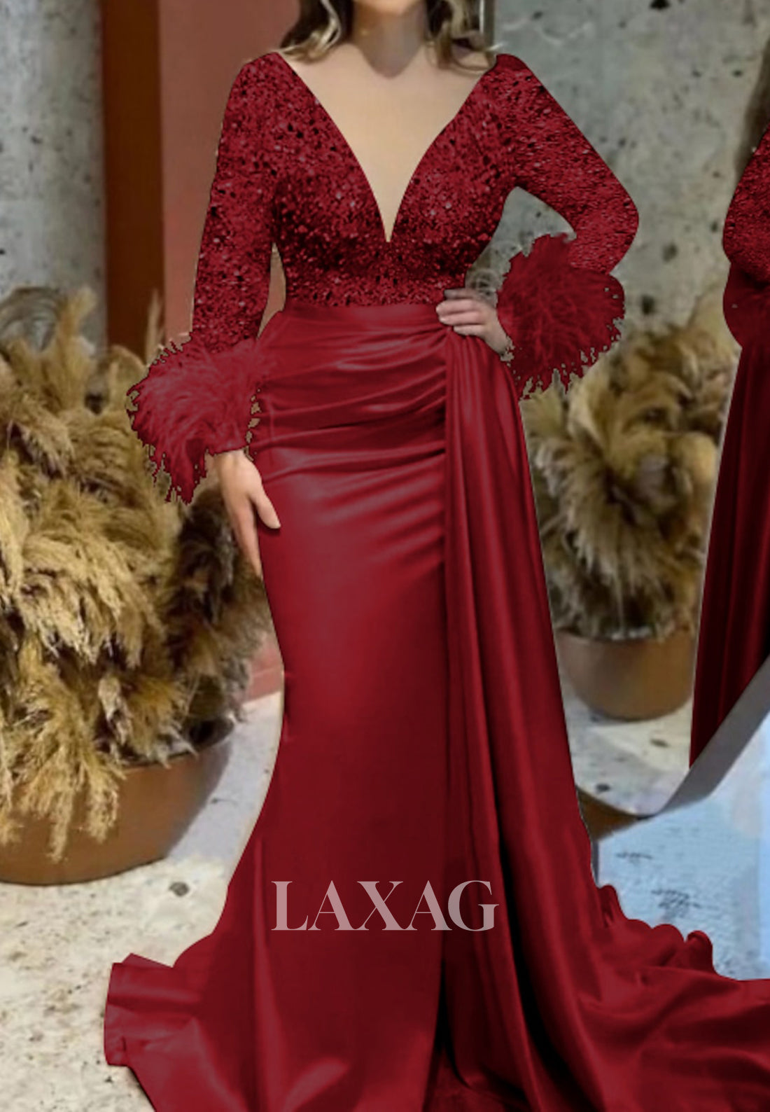 Deep V-Neck Long Sleeves Sequined Beaded Fringed Pleated Mermaid Prom Dress with Sweep Train