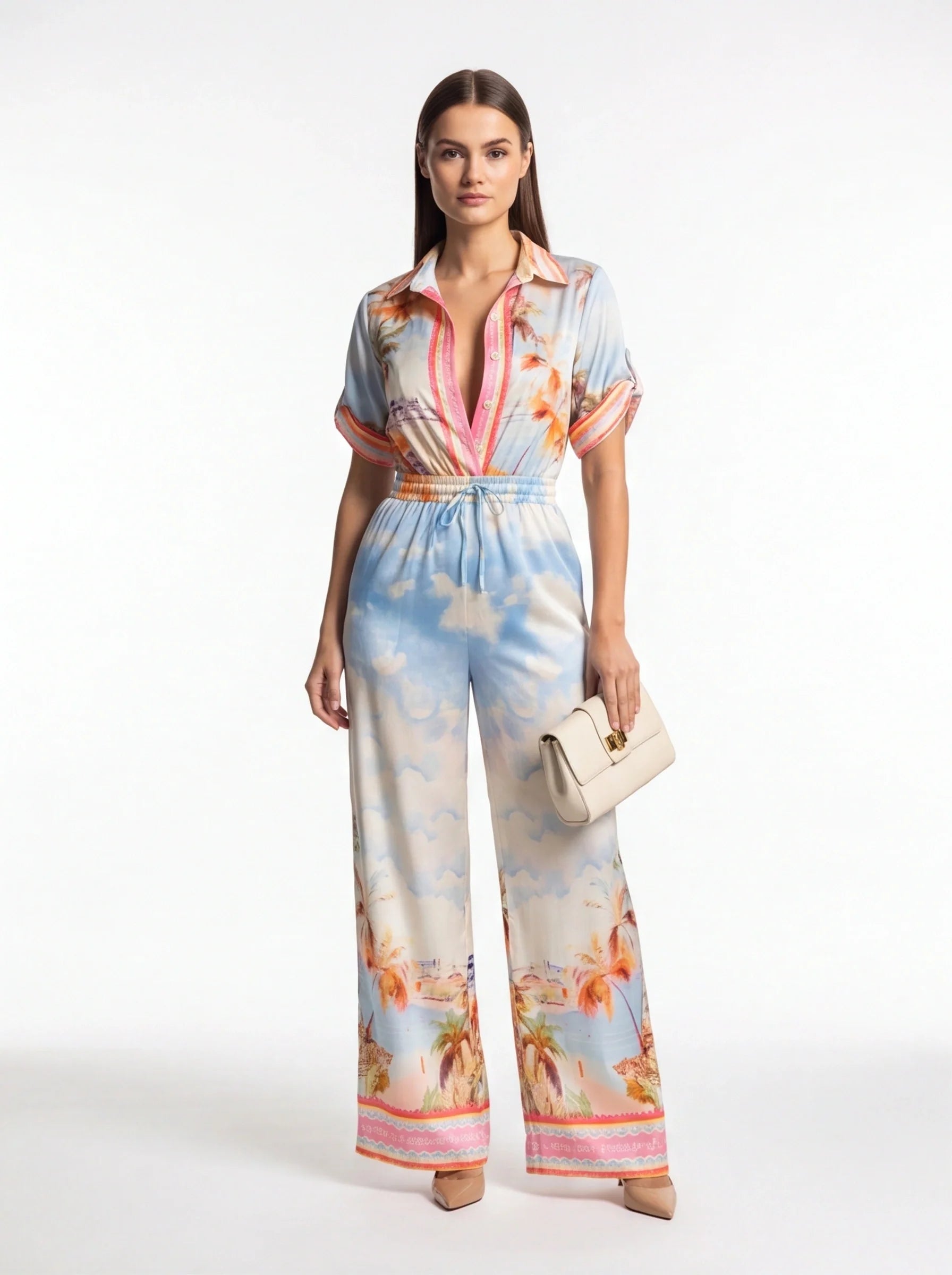 Elegant Tropical Print Jumpsuit with Flattering Fit and Pockets