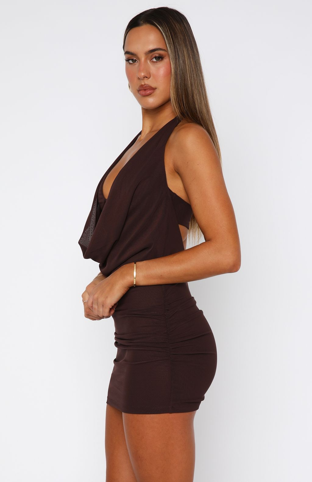 Draped Cowl Plunge Halter Neck Ruched Bodycon Mini Dress 3