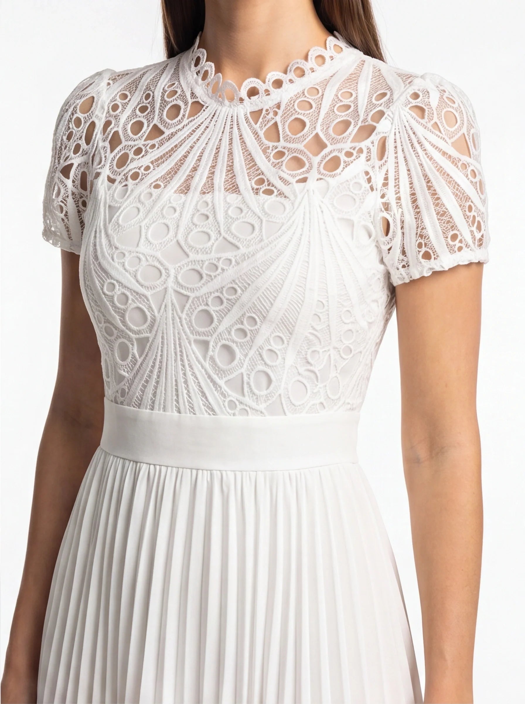 Elegant Pleated Lace Wedding Guest Dress with Cap Sleeves & Midi Lengt