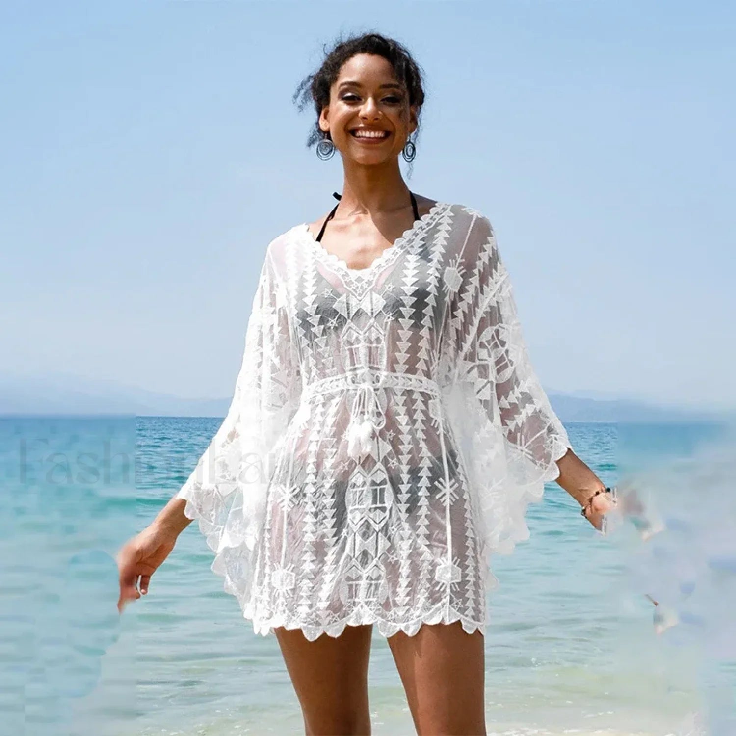 Transparent Lace Mini Dress Cover Up WHITE / One Size