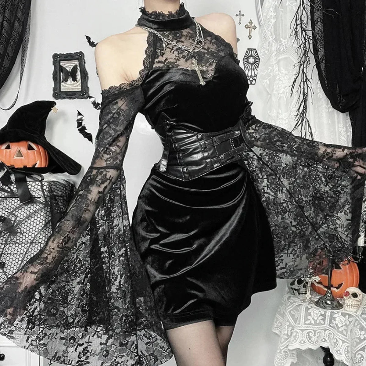 Velvet High Neck Cold Shoulder Lace Bell Sleeve Mini Dress
