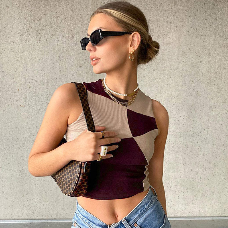 Geometric Colorblock Patchwork Ribbed Knit Sleeveless Crop Top 2