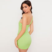 One Shoulder Cut Out Ruched Mesh Party Mini Dress - Green 3