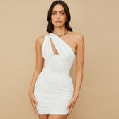 One Shoulder Cut Out Ruched Mesh Party Mini Dress - White