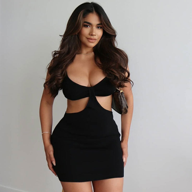 Trendy Ribbed Deep V Neck Cut Out Party Mini Dress - Black