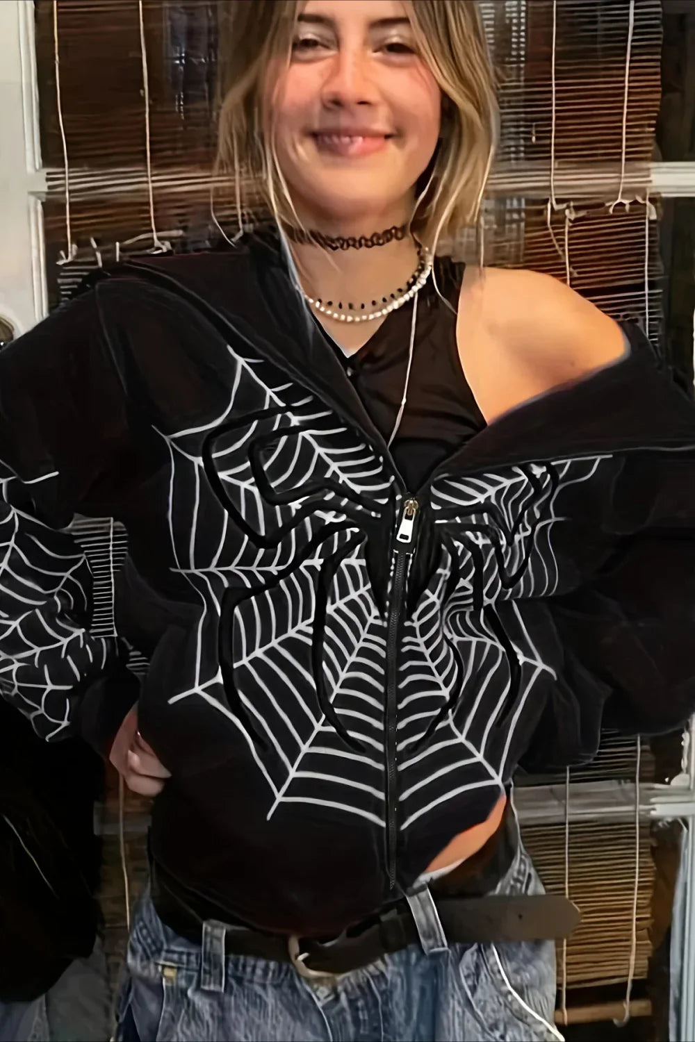 Trendy Spider Web Zipper Hoodie Black / S