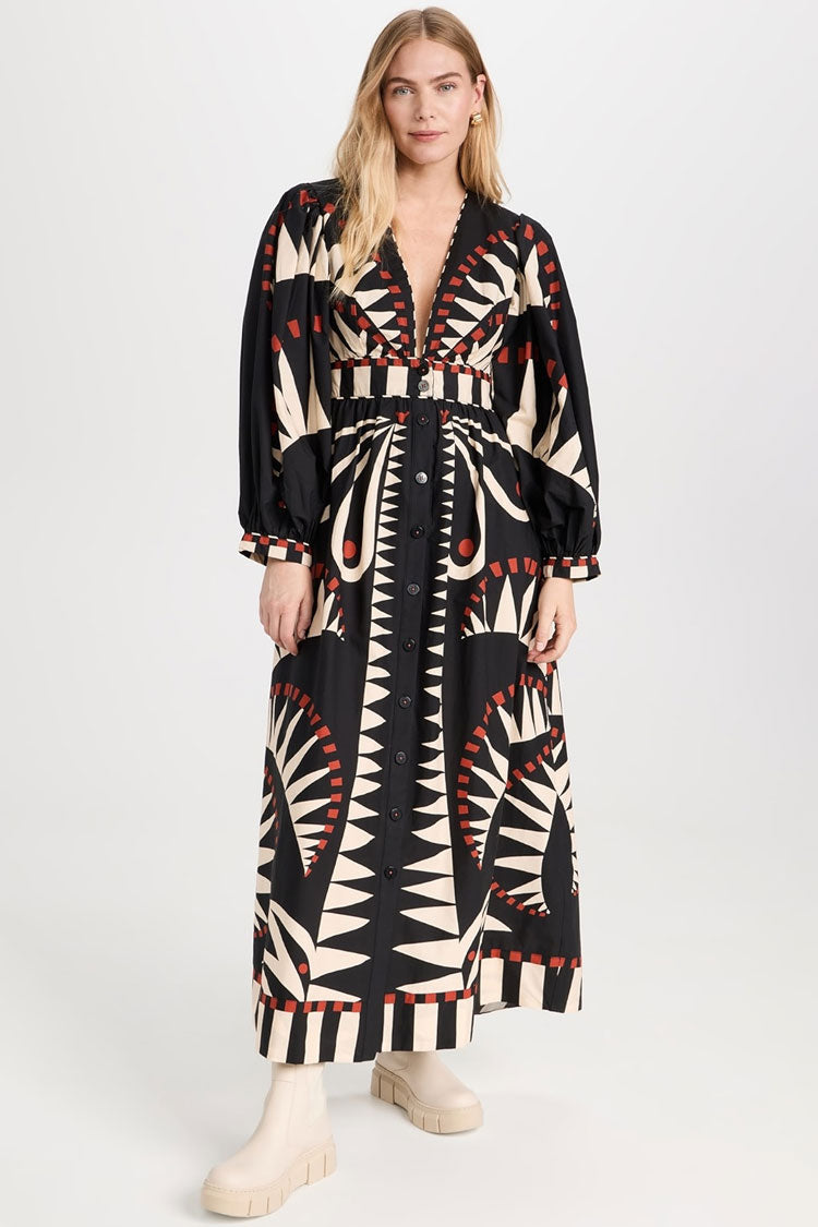 Tribal Geometric Print Deep V Blouson Sleeve Button Up Vacation Maxi Dress