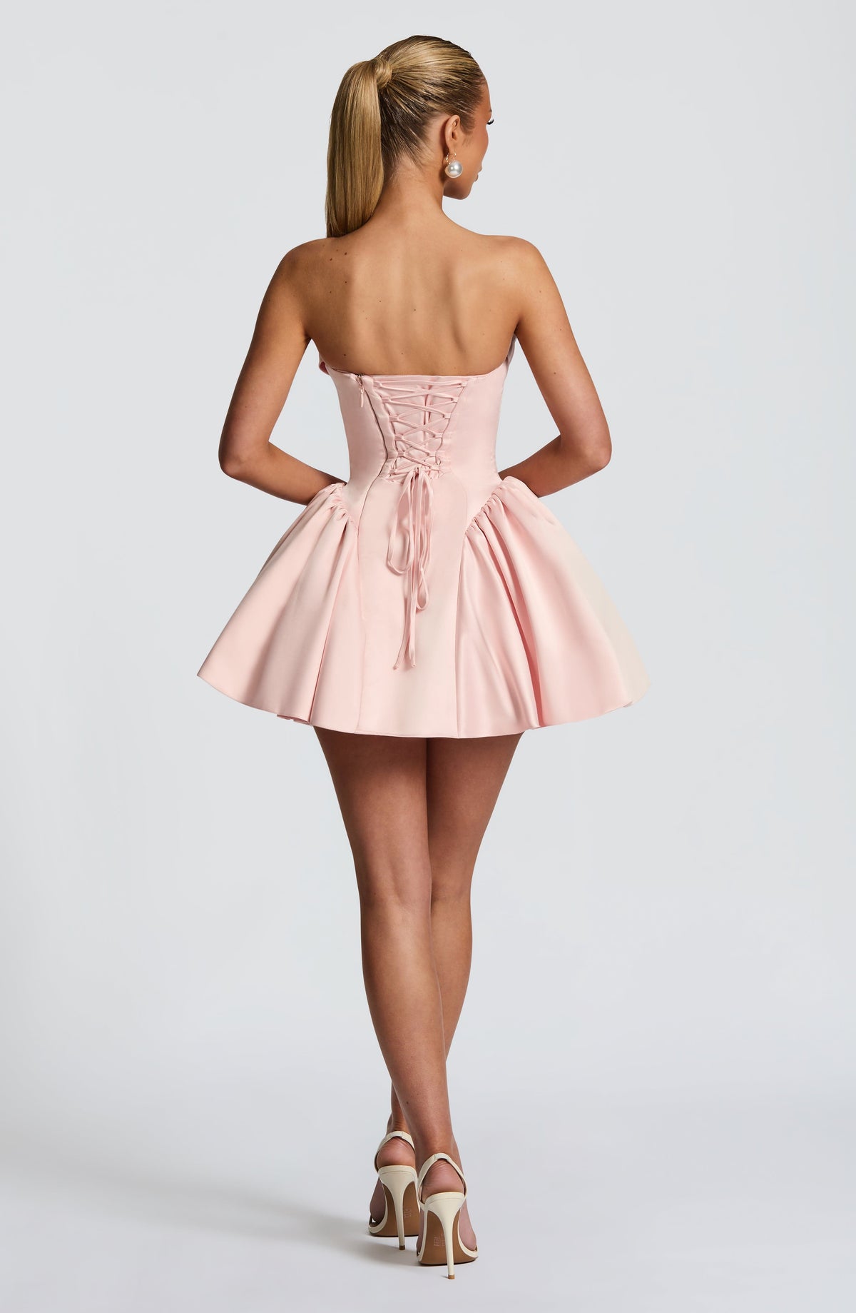 Satin Strapless Draped Neckline Corset Bow Back Peplum Mini Dress 5
