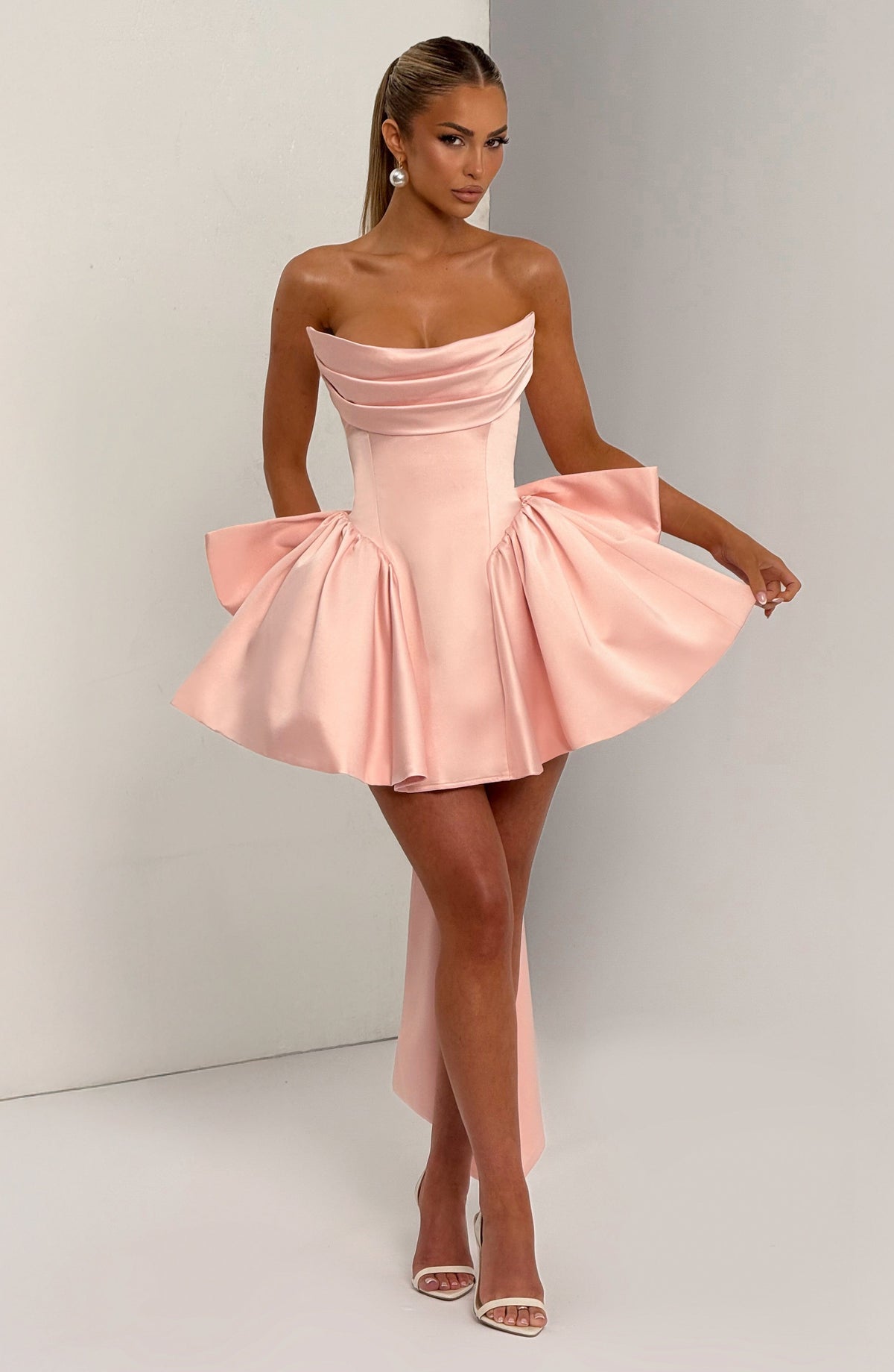 Satin Strapless Draped Neckline Corset Bow Back Peplum Mini Dress 6