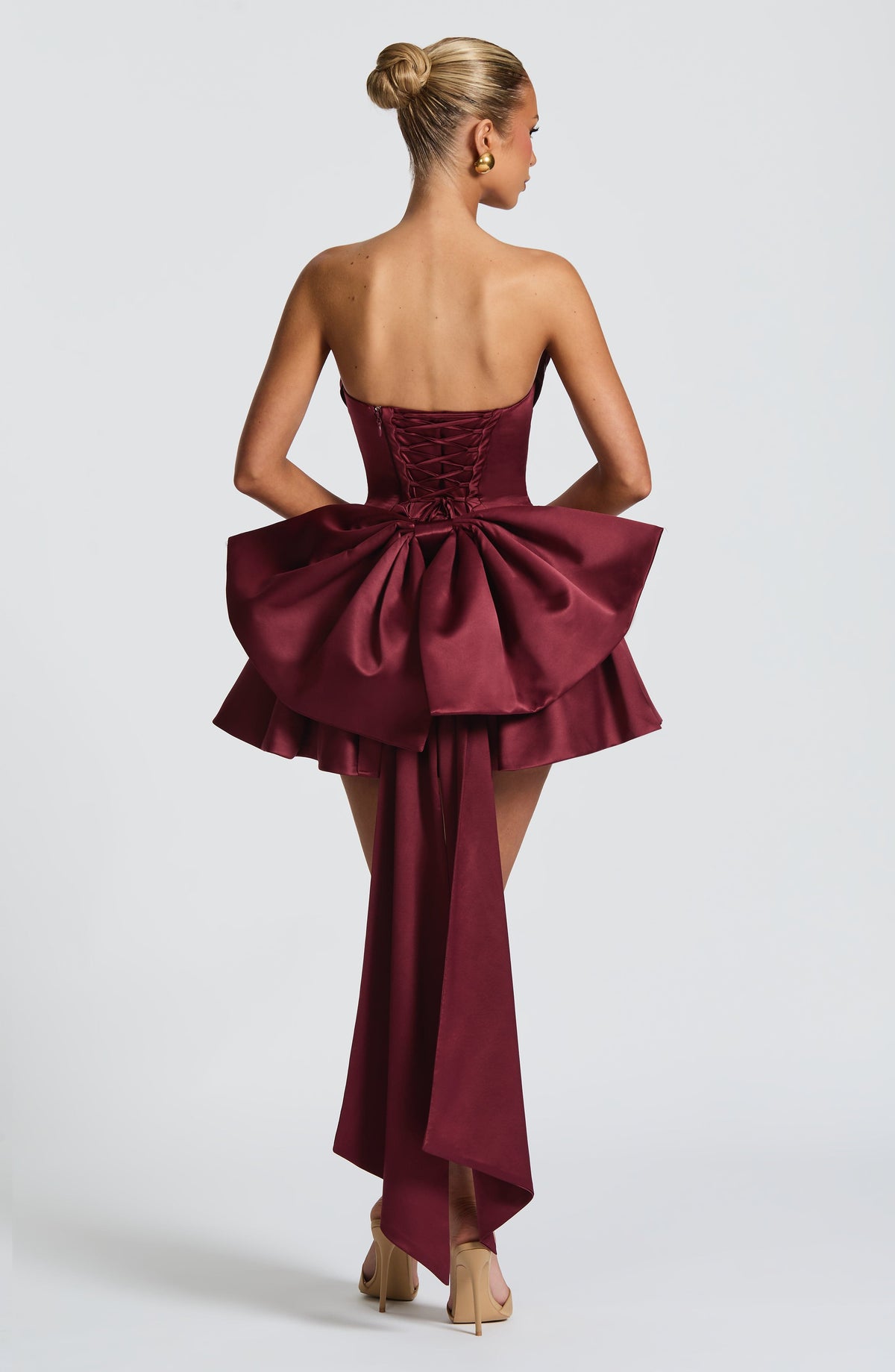 Satin Strapless Draped Neckline Oversized Bow Back Peplum Mini Dress 2