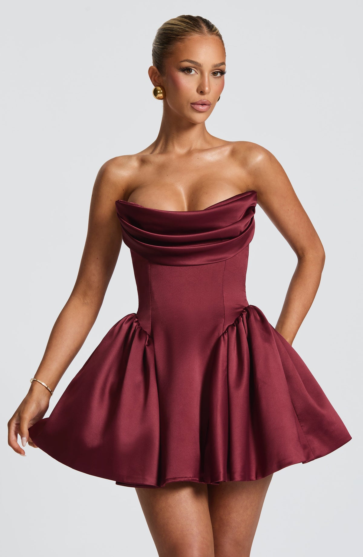 Satin Strapless Draped Neckline Oversized Bow Back Peplum Mini Dress 11