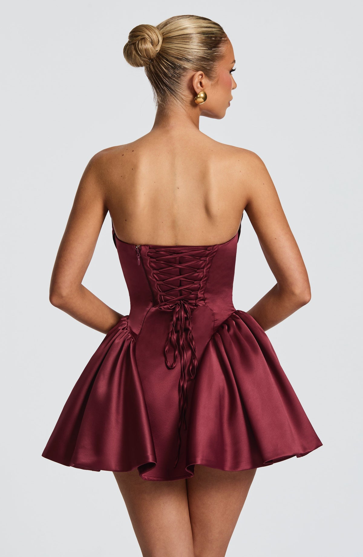 Satin Strapless Draped Neckline Oversized Bow Back Peplum Mini Dress 8