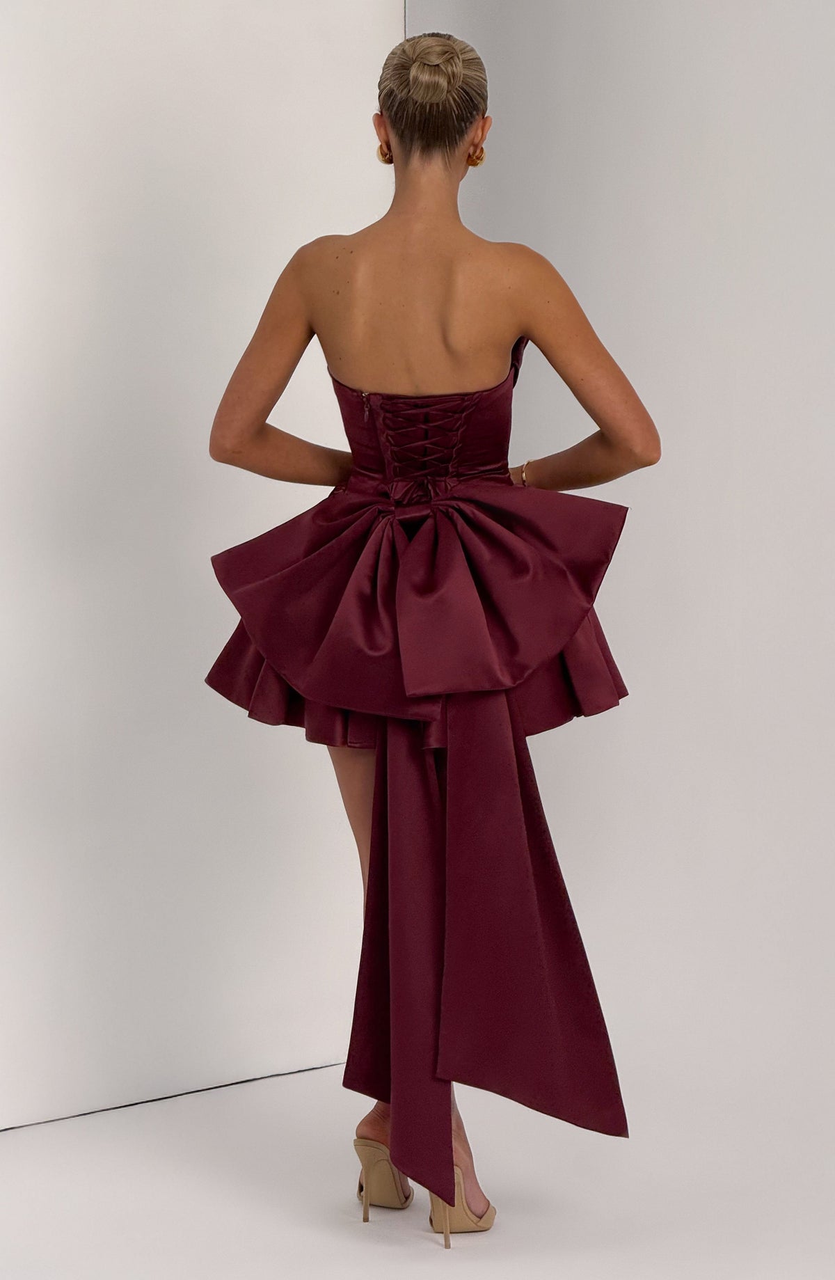 Satin Strapless Draped Neckline Oversized Bow Back Peplum Mini Dress 12