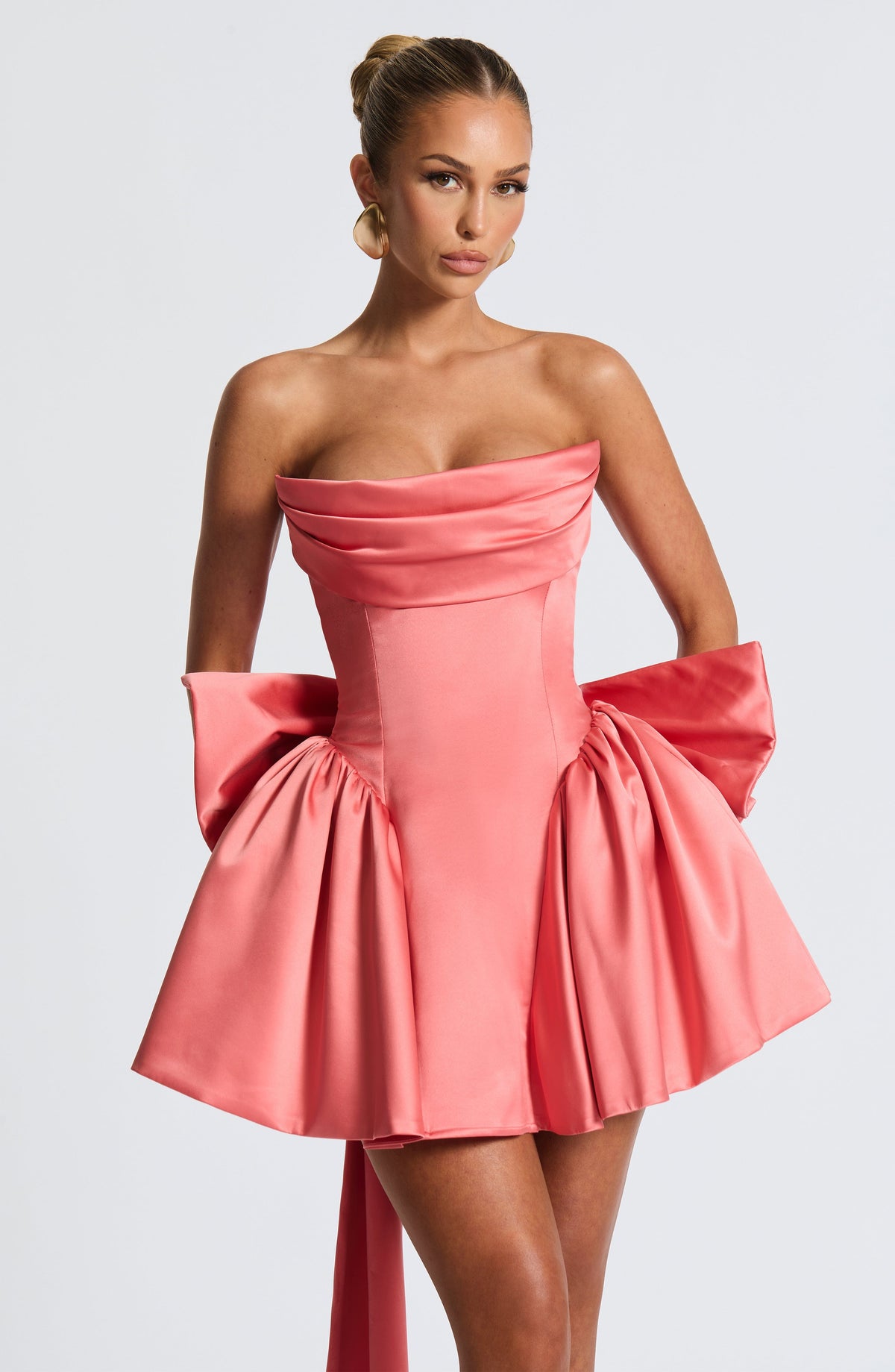Satin Strapless Cowl Neck Peplum Hip Bow Back Mini Dress 6