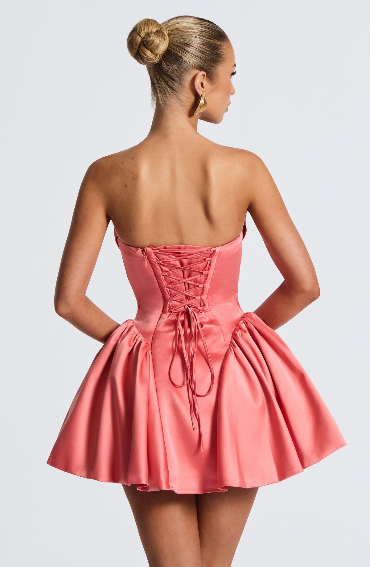 Satin Strapless Cowl Neck Peplum Hip Bow Back Mini Dress 9