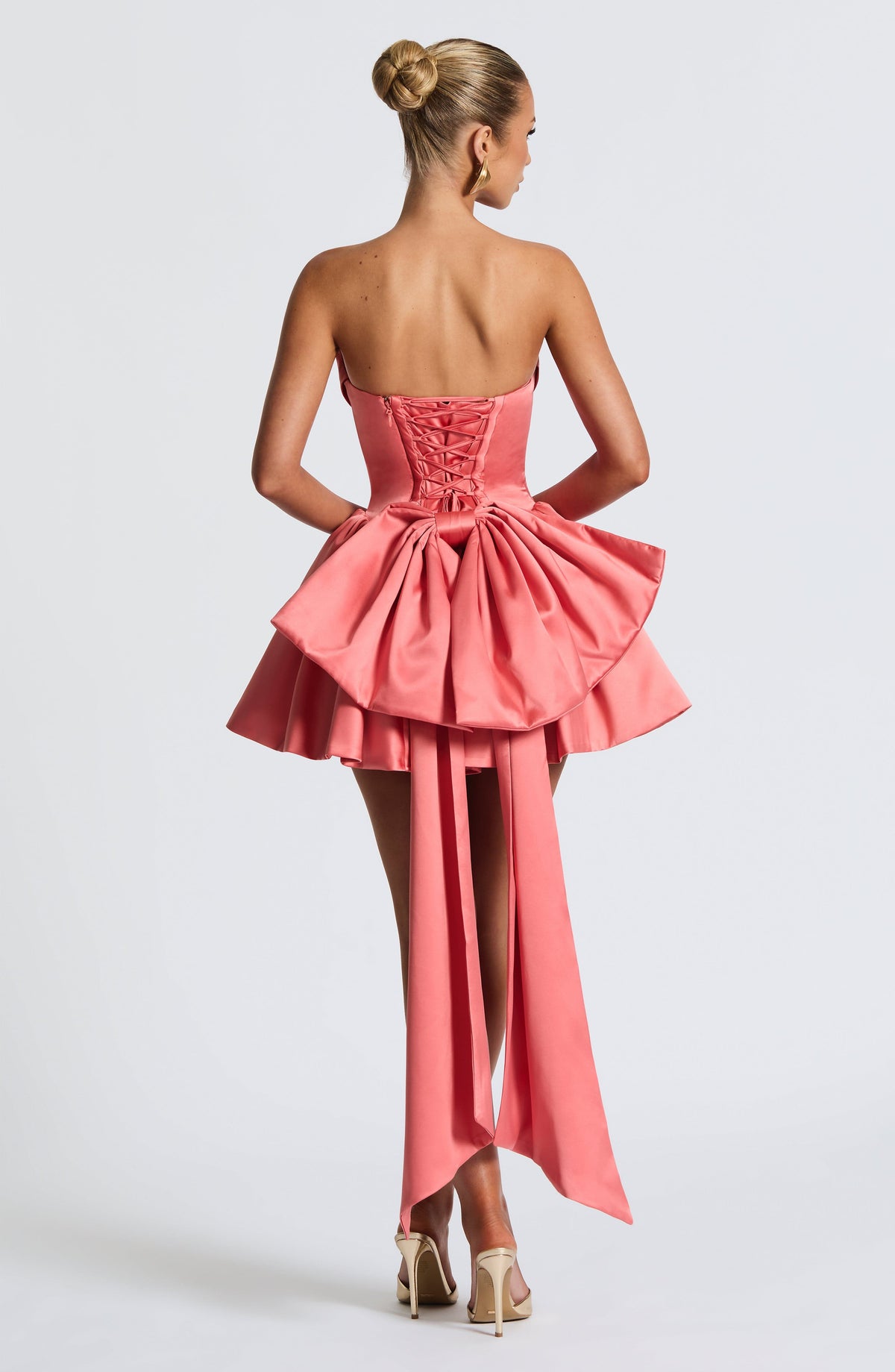 Satin Strapless Cowl Neck Peplum Hip Bow Back Mini Dress 5