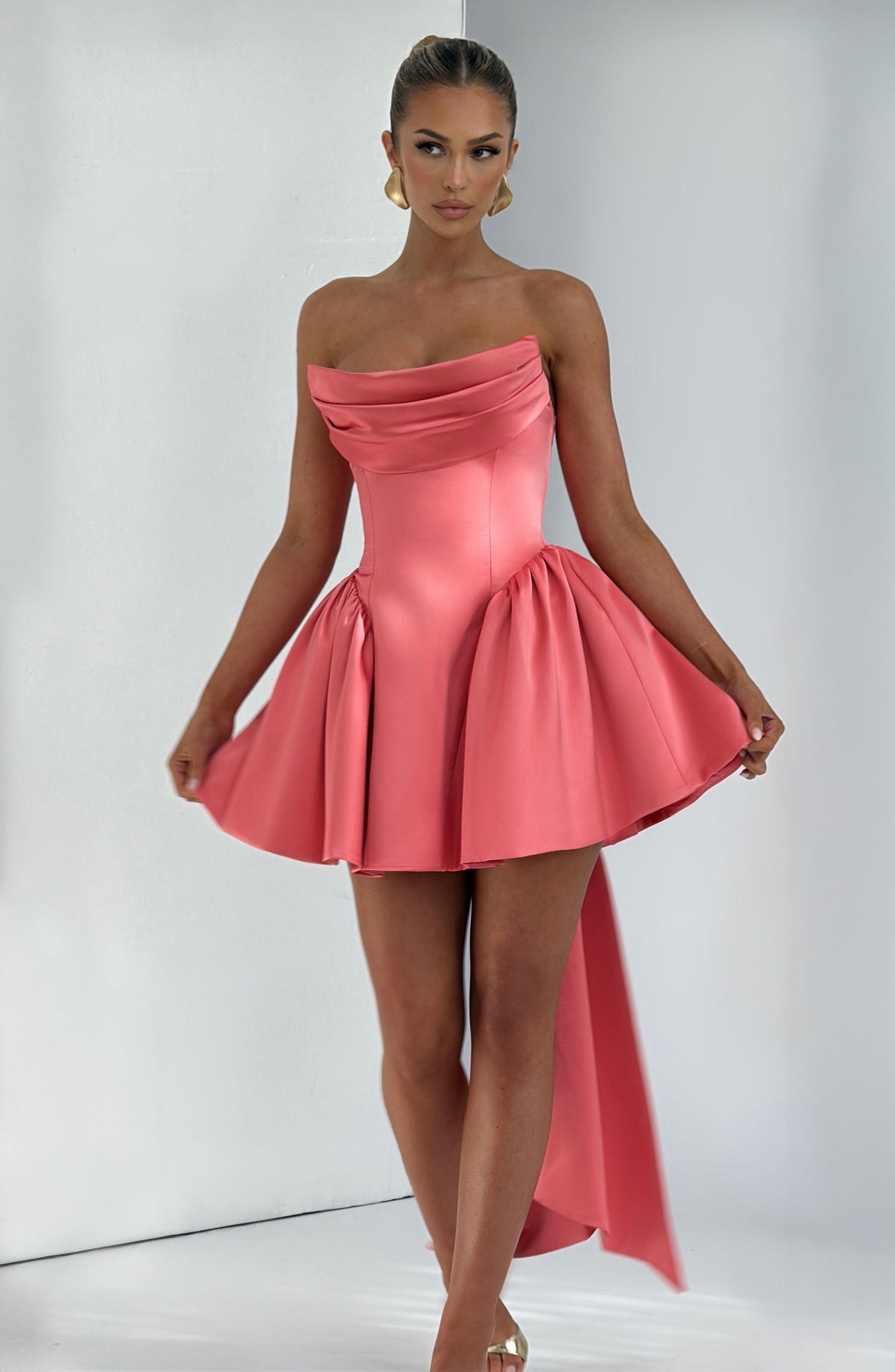 Satin Strapless Cowl Neck Peplum Hip Bow Back Mini Dress 3