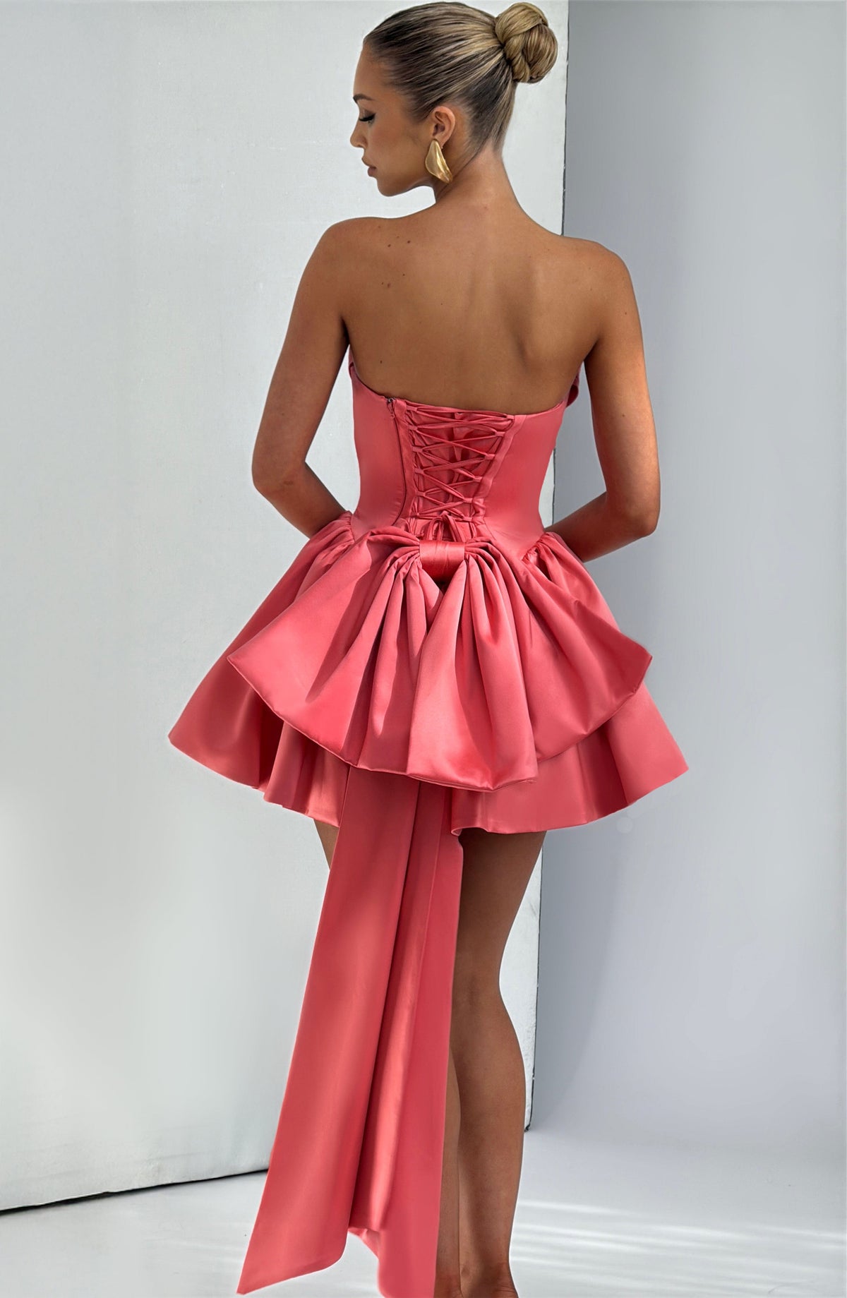 Satin Strapless Cowl Neck Peplum Hip Bow Back Mini Dress 2