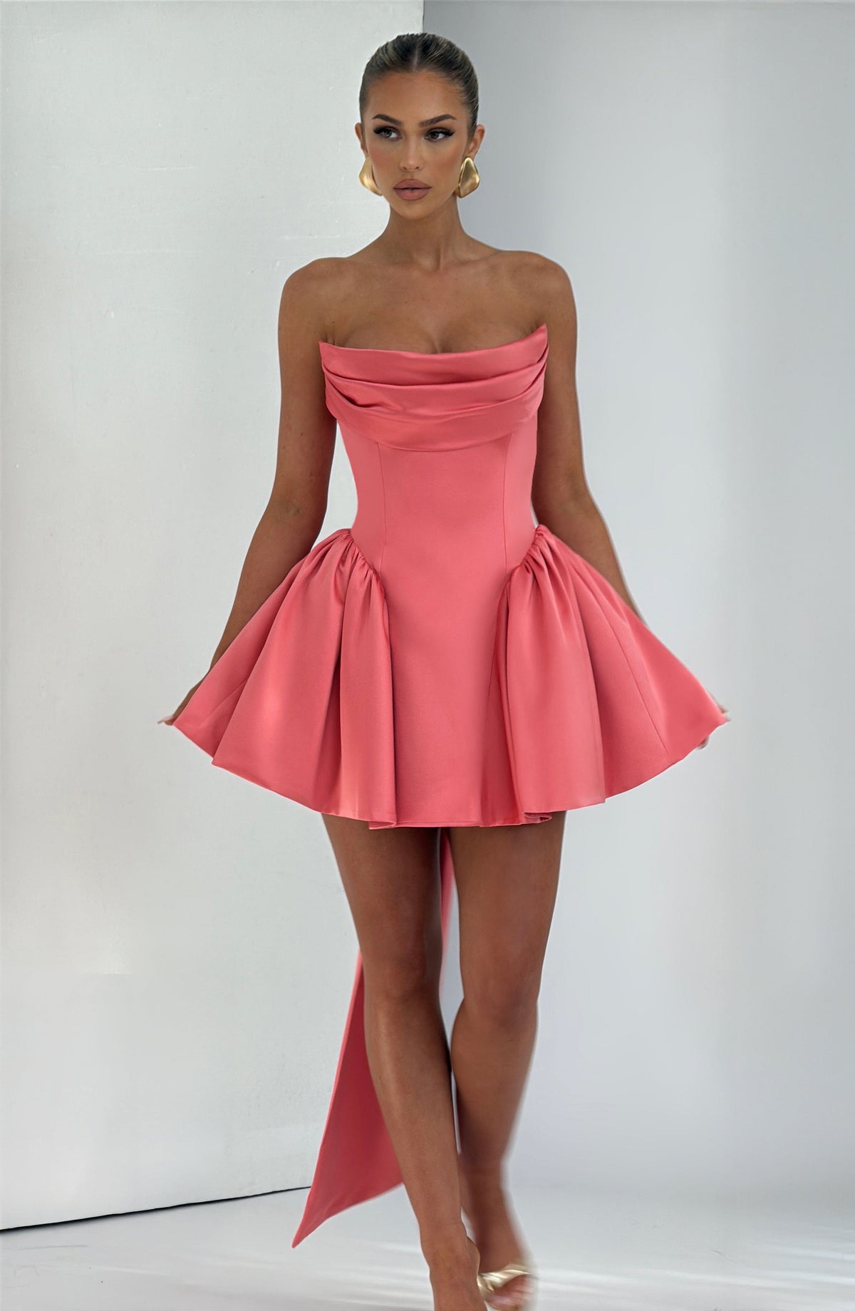 Satin Strapless Cowl Neck Peplum Hip Bow Back Mini Dress