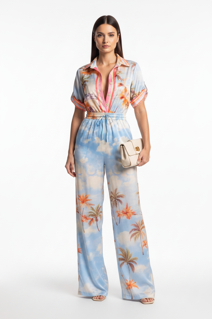 Elegant Tropical Print Jumpsuit with Flattering Fit and Pockets