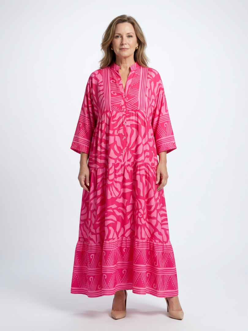 Abstract Print Band Collar Button Front Tiered Maxi Dress