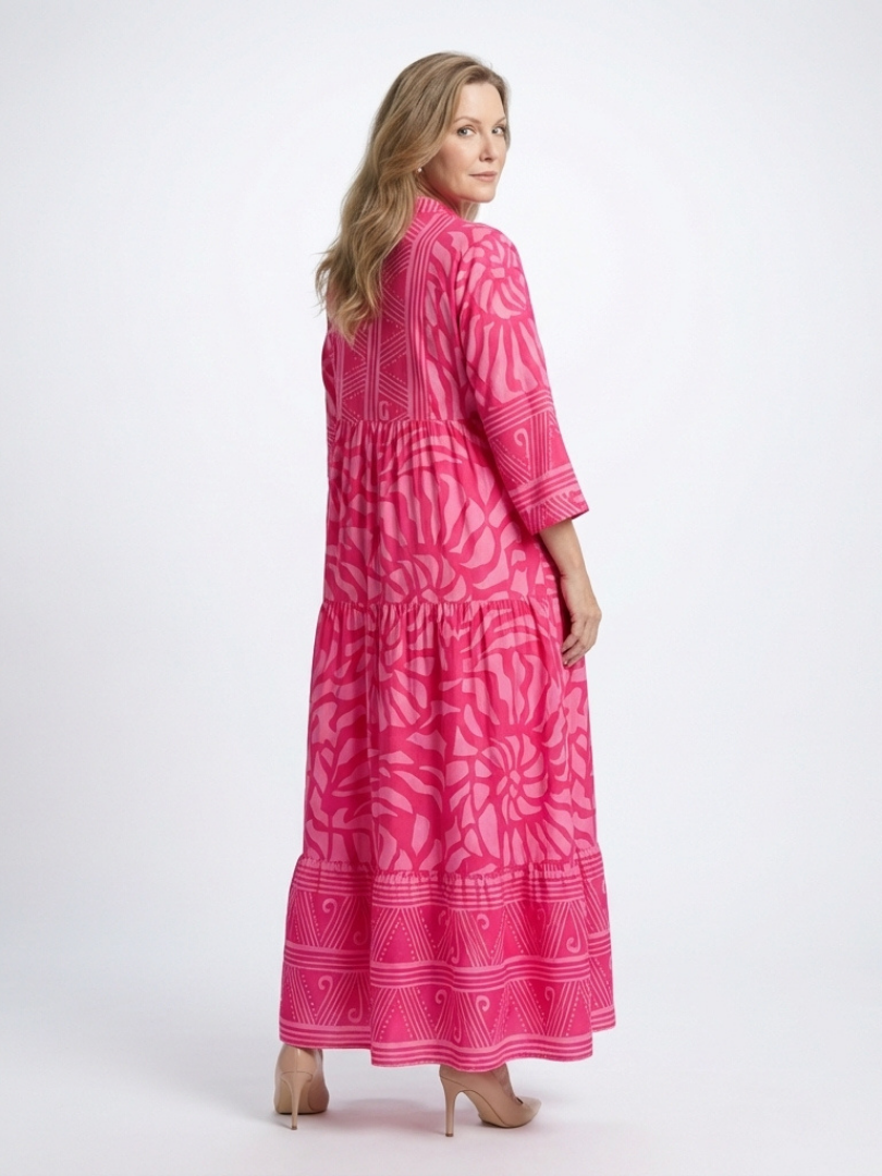 Abstract Print Band Collar Button Front Tiered Maxi Dress
