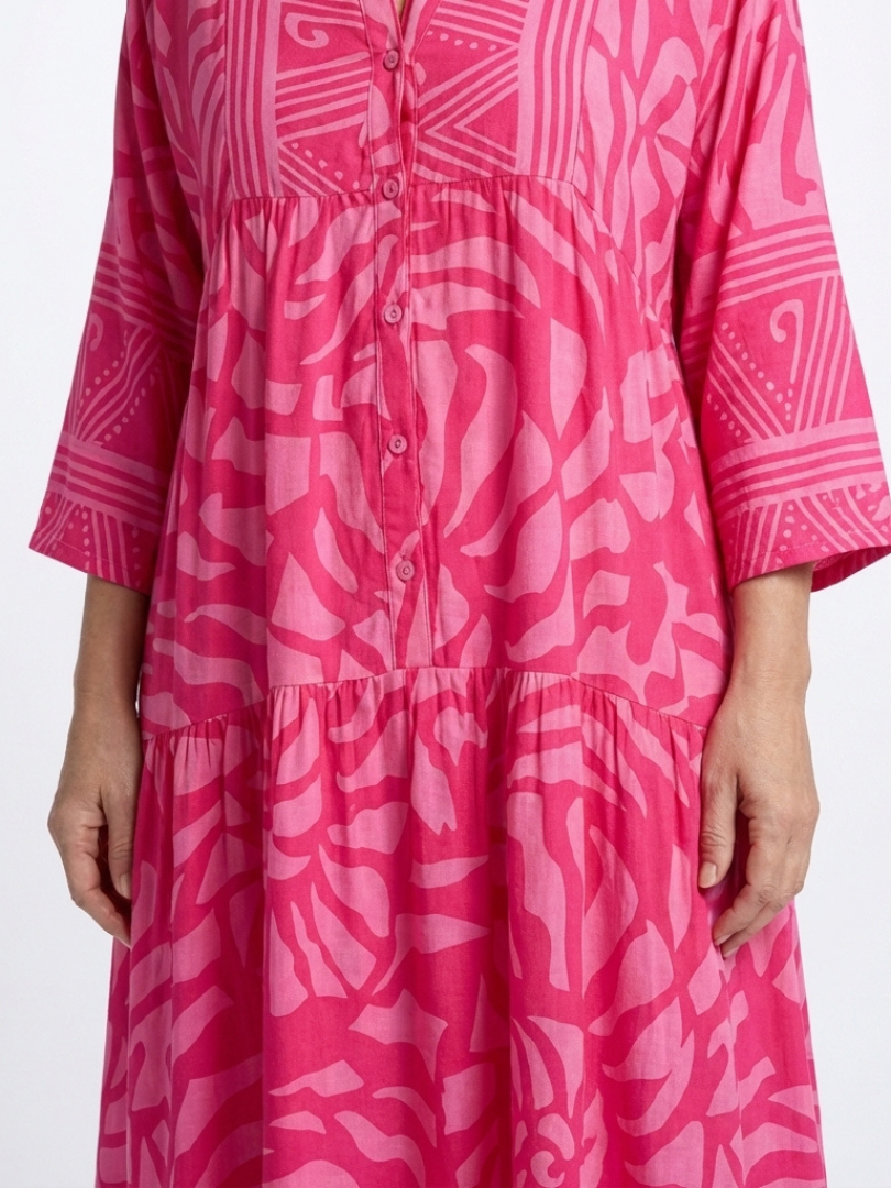 Abstract Print Band Collar Button Front Tiered Maxi Dress