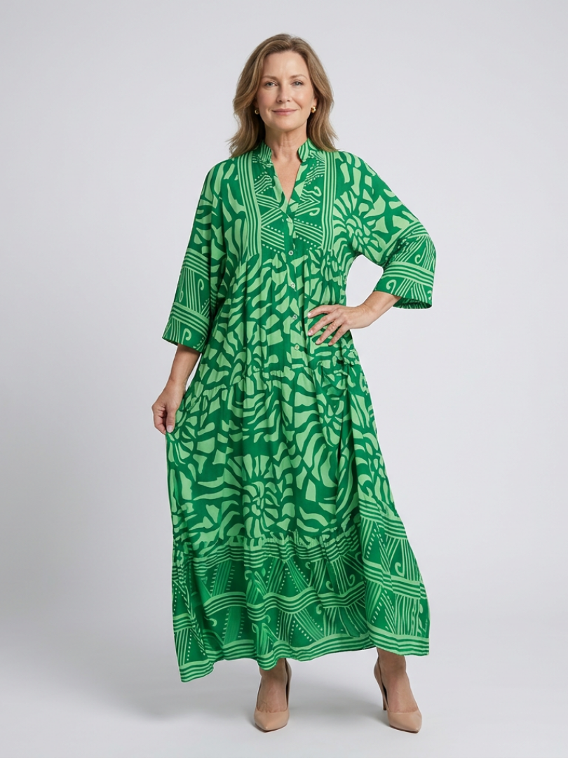 Abstract Print Band Collar Button Front Tiered Maxi Dress