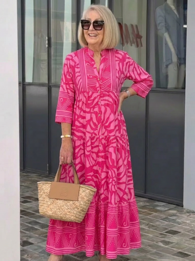 Abstract Print Band Collar Button Front Tiered Maxi Dress