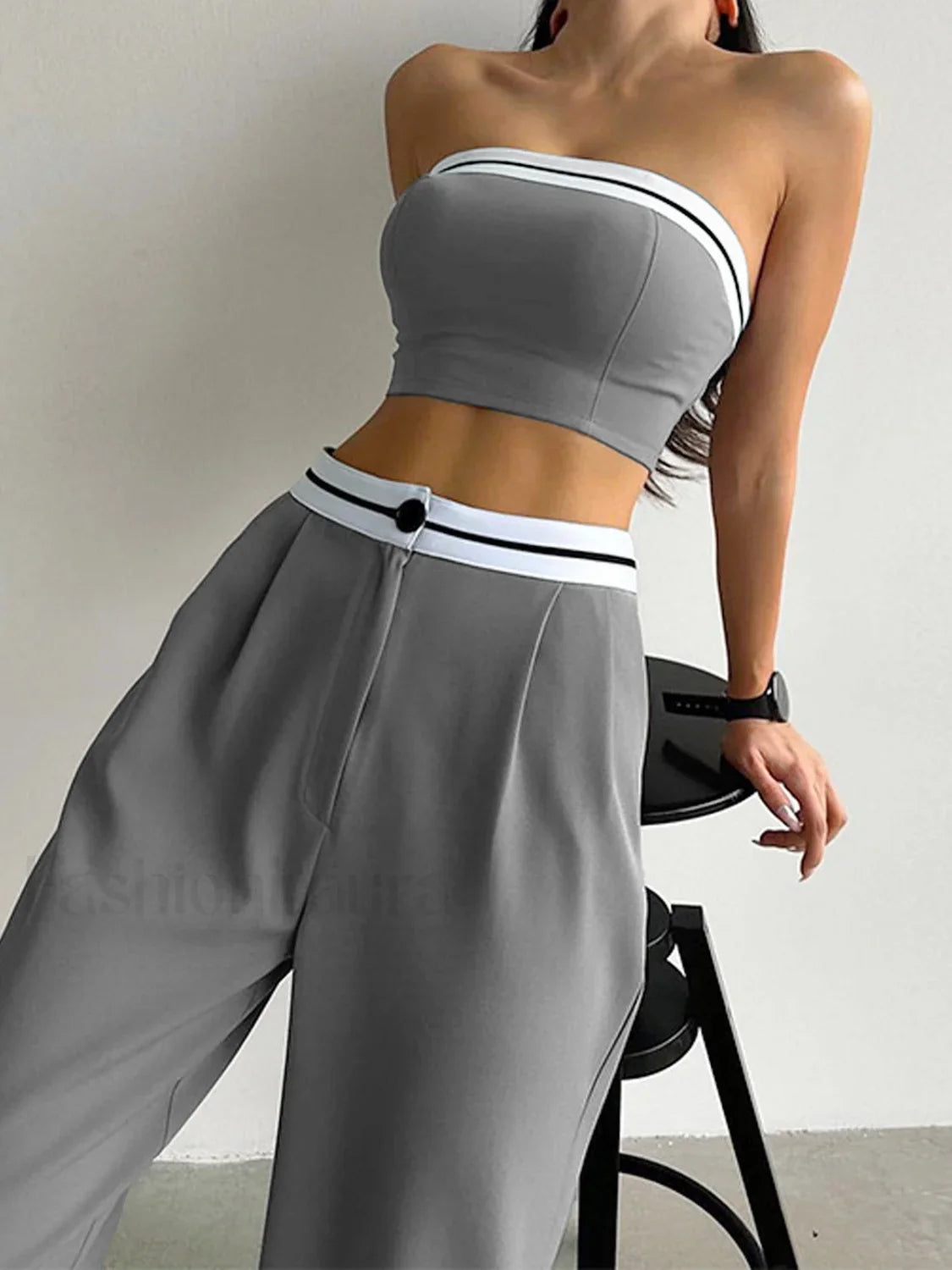 Tube Top Two Piece Contrast Waistband Pants Set Grey / XS Pant Sets