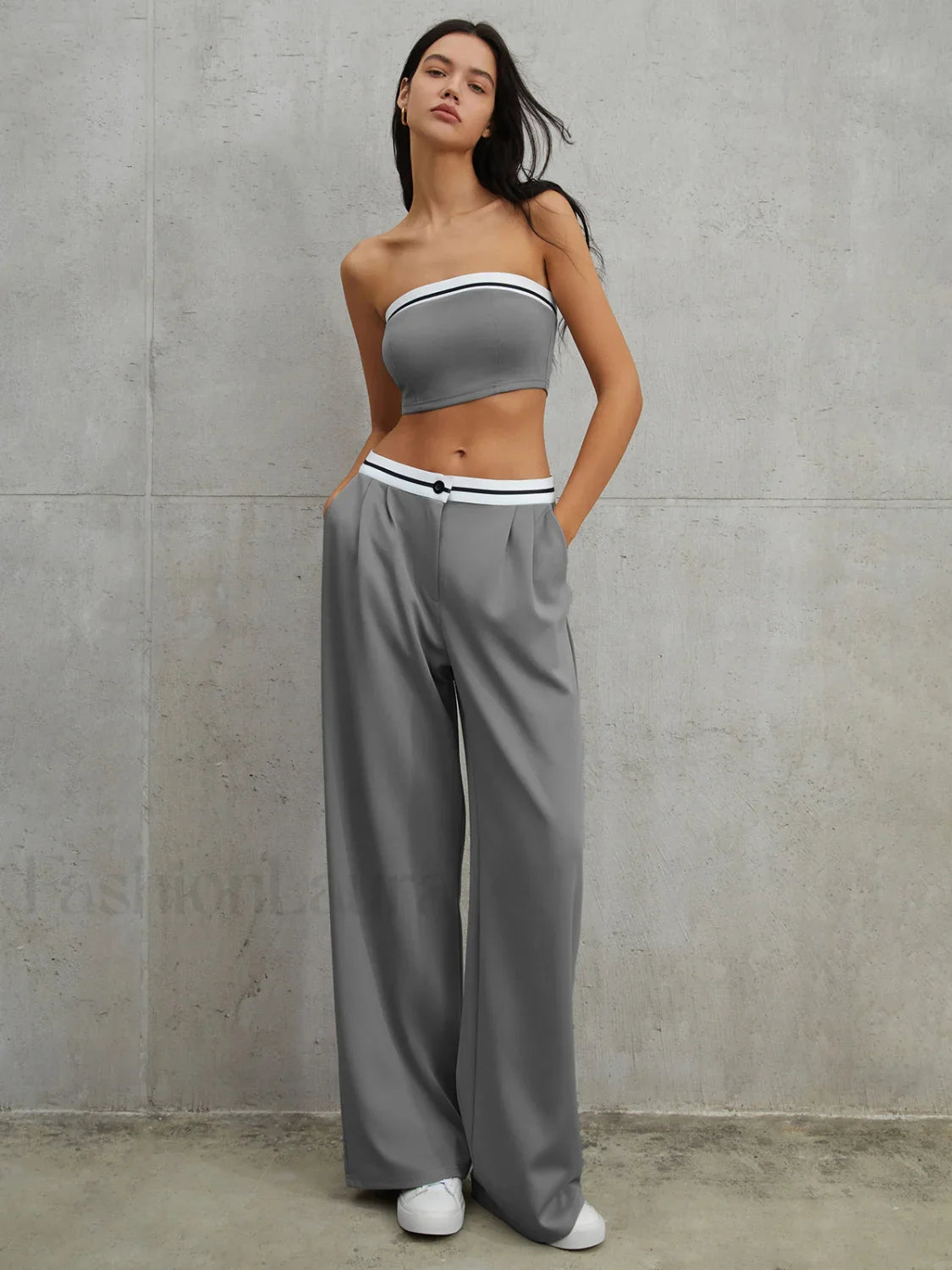 Tube Top Two Piece Contrast Waistband Pants Set