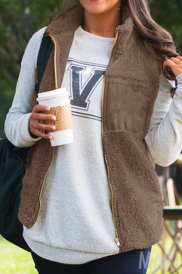 Turn-down Collar Fluffy Zipper Waistcoat