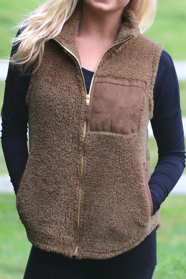 Turn-down Collar Fluffy Zipper Waistcoat