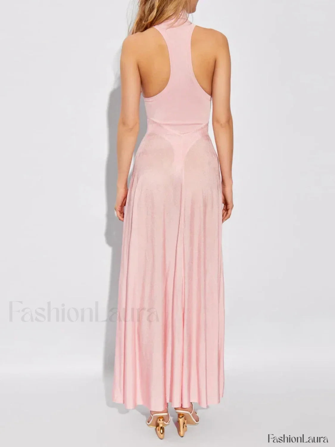 Turtleneck Patchwork Pink Maxi Dress
