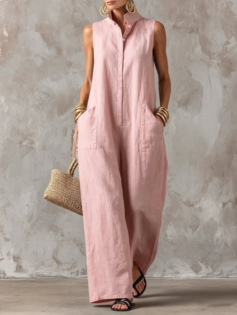 Stand Collar Sleeveless Wide Leg Linen Look Jumpsuit