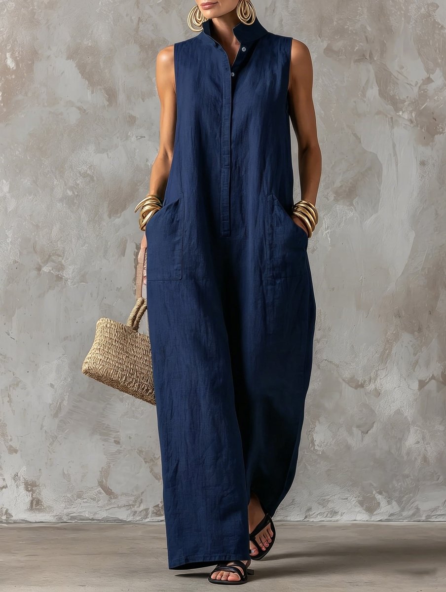 Stand Collar Sleeveless Wide Leg Linen Look Jumpsuit