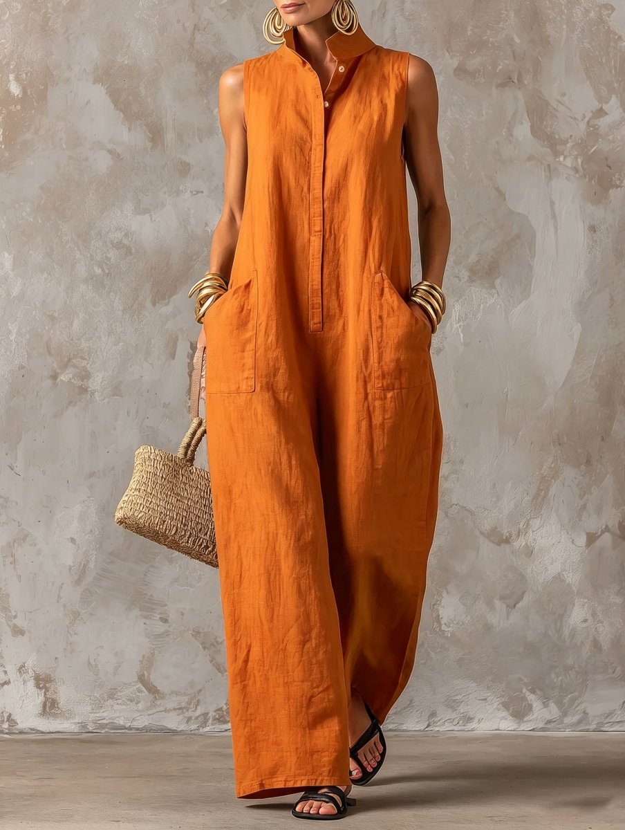 Stand Collar Sleeveless Wide Leg Linen Look Jumpsuit