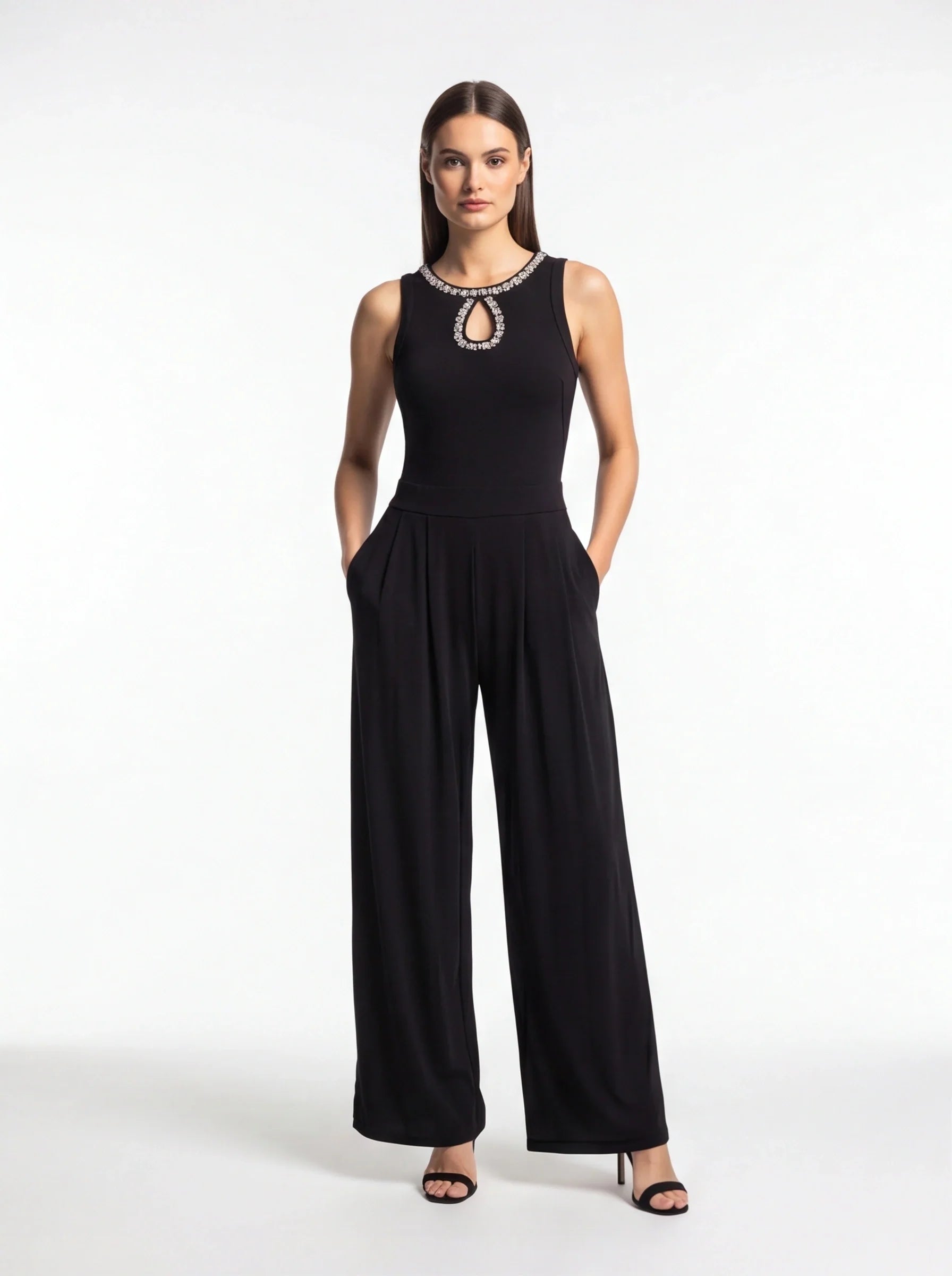 Elegant Pleated Wide-Leg Jumpsuit with Adjustable Waist & Pockets