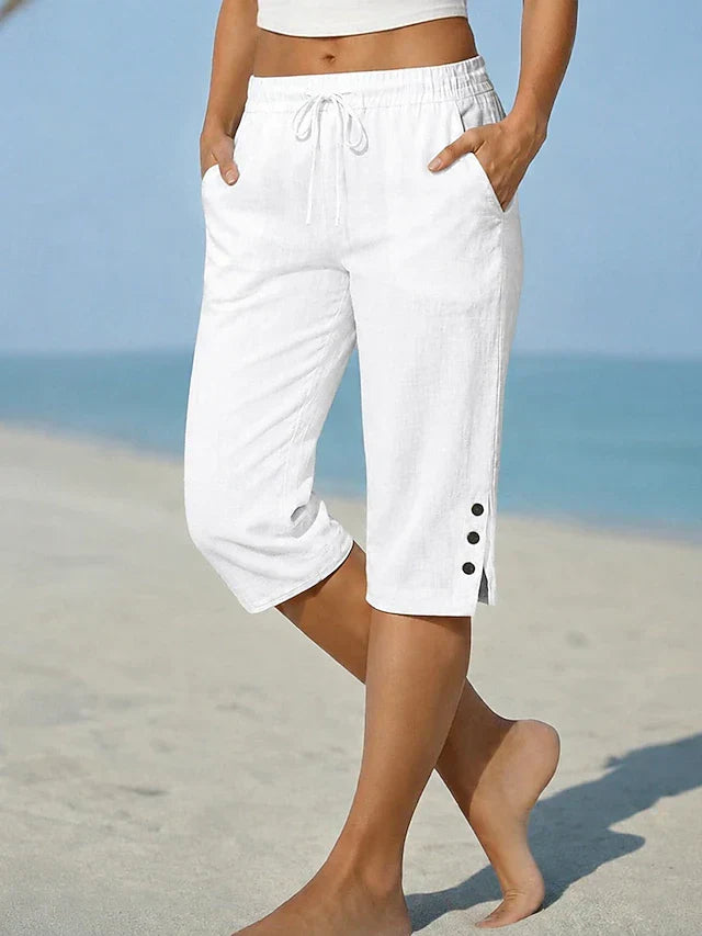 Drawstring Waist Button Hem Cropped Capri Pants