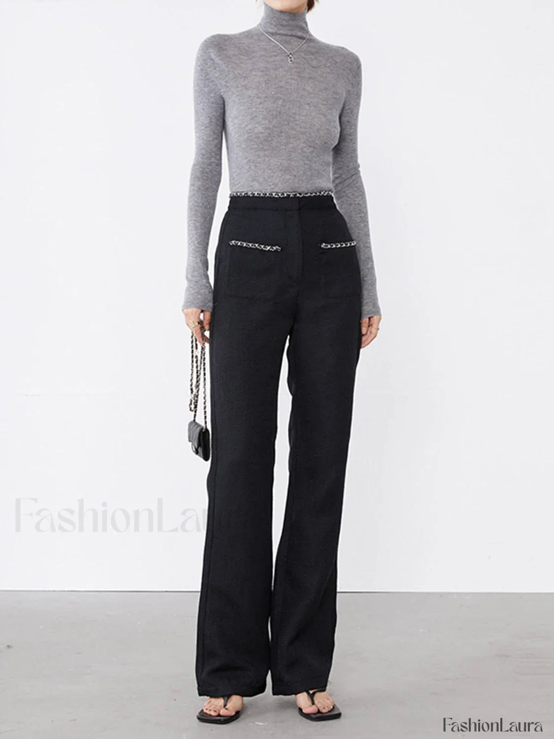 Tweed Contrast Trim Trendy Pocket Straight Leg Pants