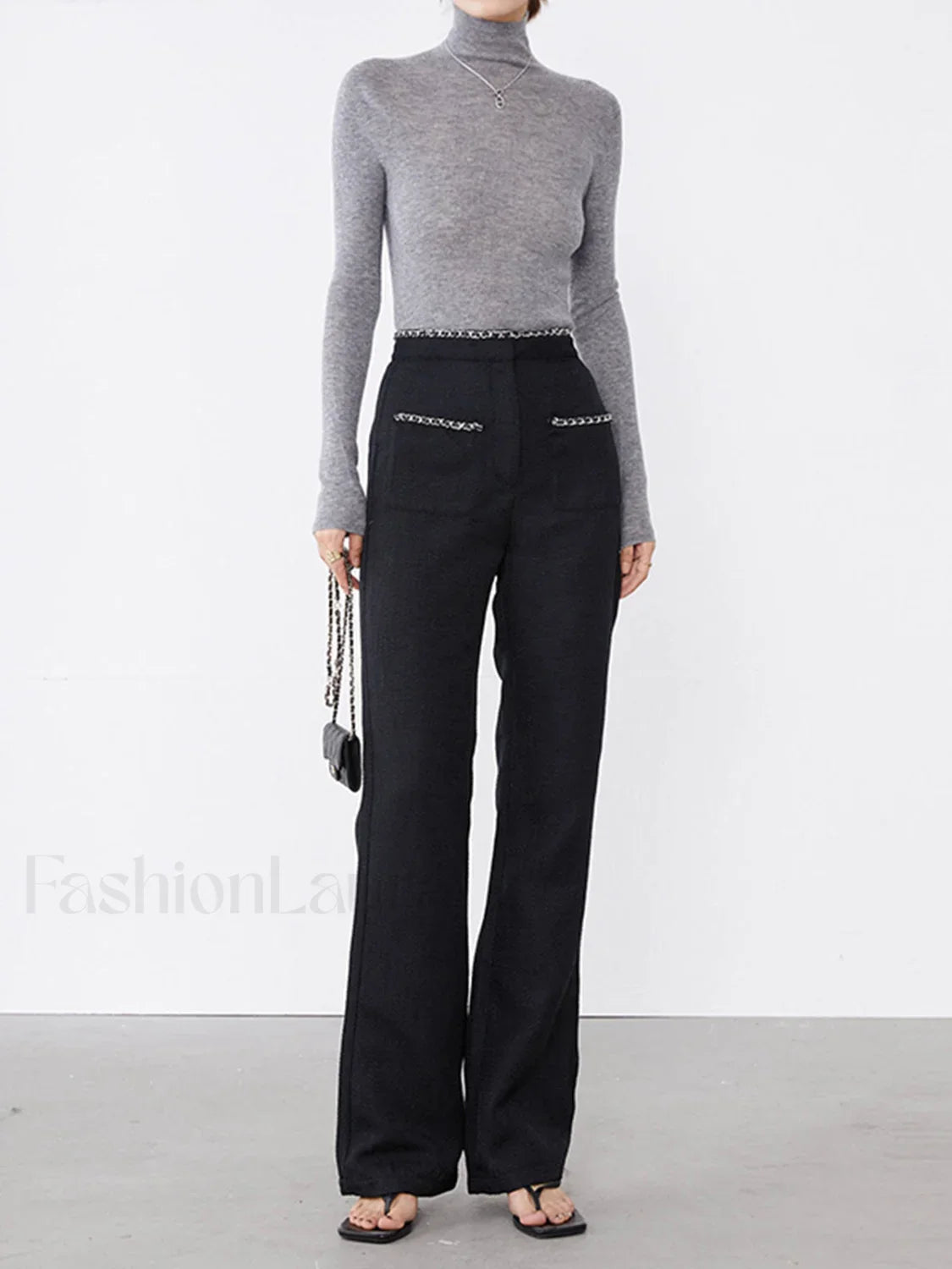 Tweed Contrast Trim Trendy Pocket Straight Leg Pants