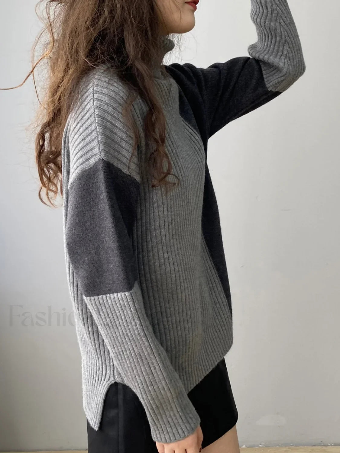 Two Tone Colorblock High Modern Neck Ribbed Knit Sweater