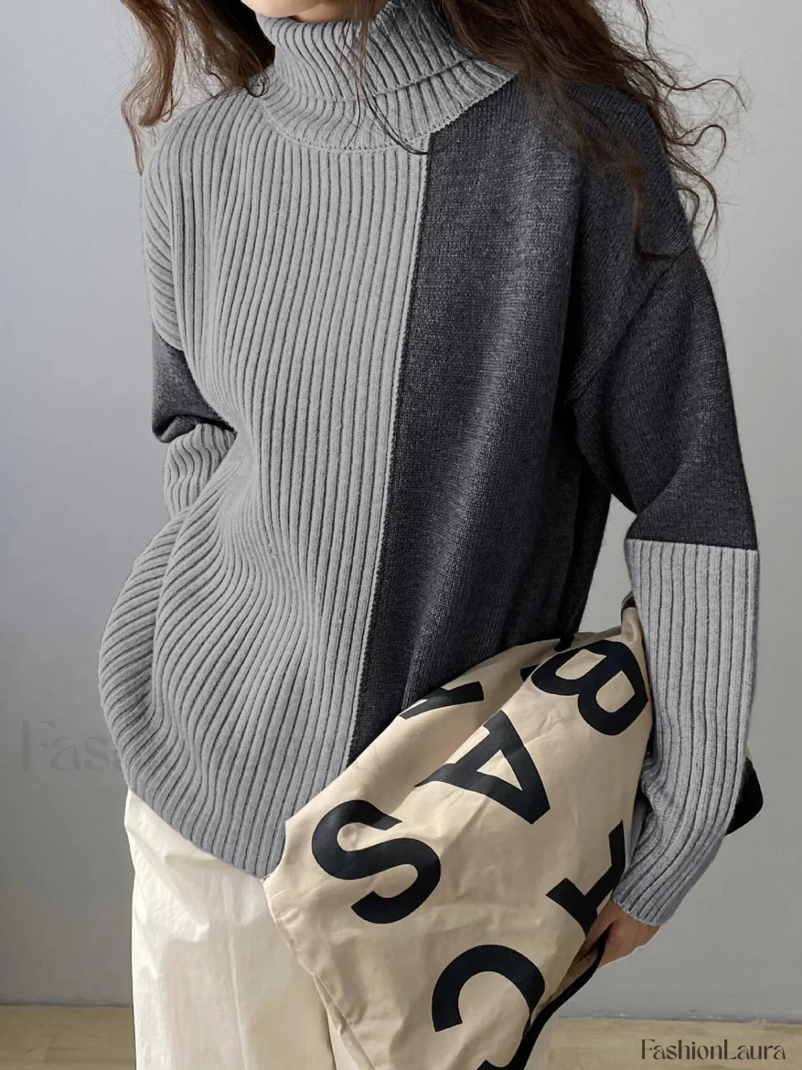 Two Tone Colorblock High Modern Neck Ribbed Knit Sweater