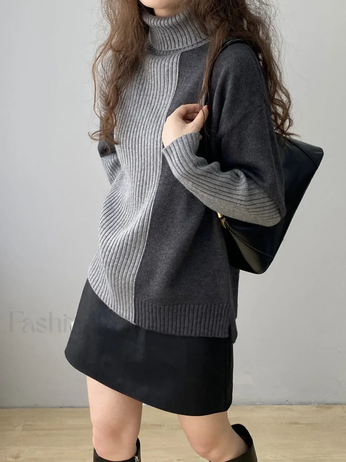 Two Tone Colorblock High Modern Neck Ribbed Knit Sweater