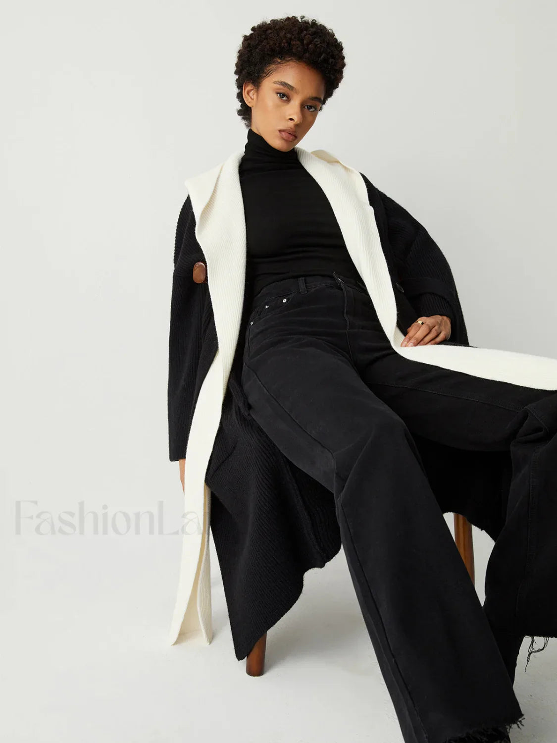 Two Tone Hooded Trendy Belted Longline Cardigan Black / S Sweaters L