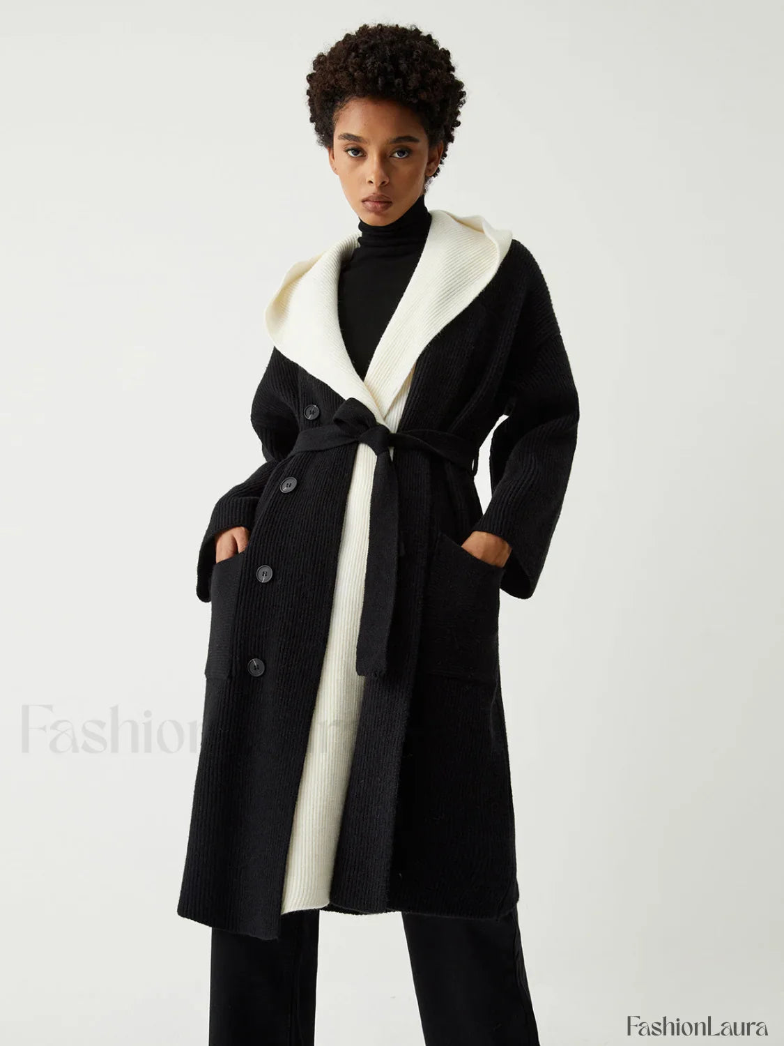 Two Tone Hooded Trendy Belted Longline Cardigan