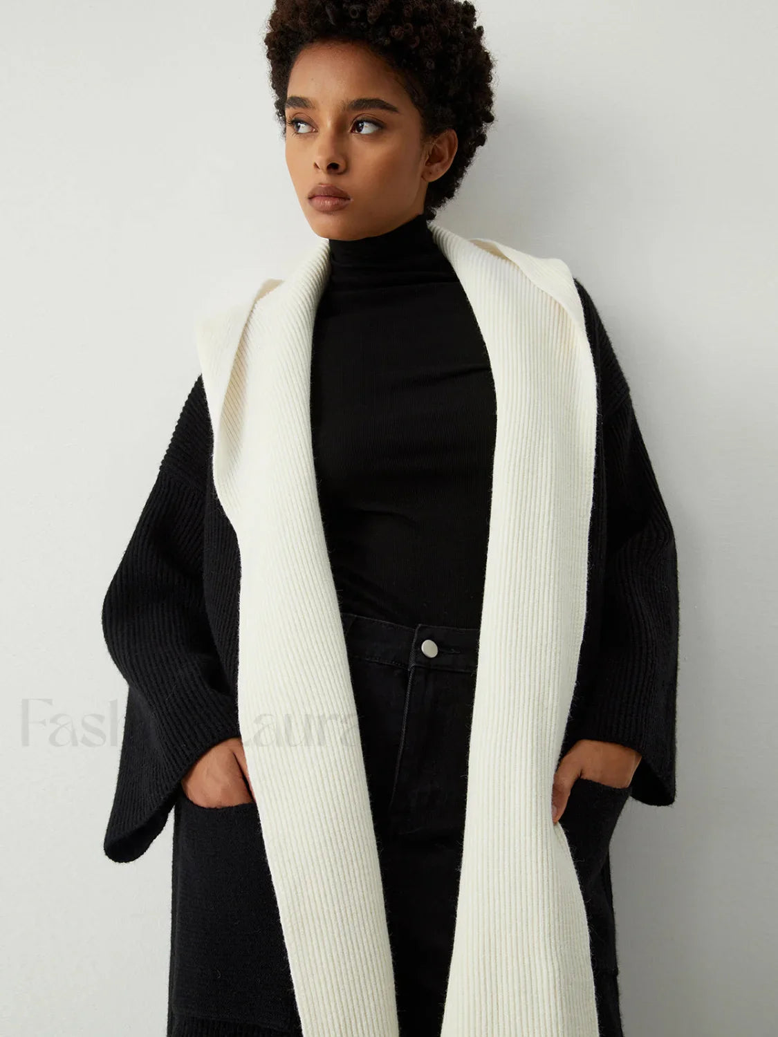 Two Tone Hooded Trendy Belted Longline Cardigan